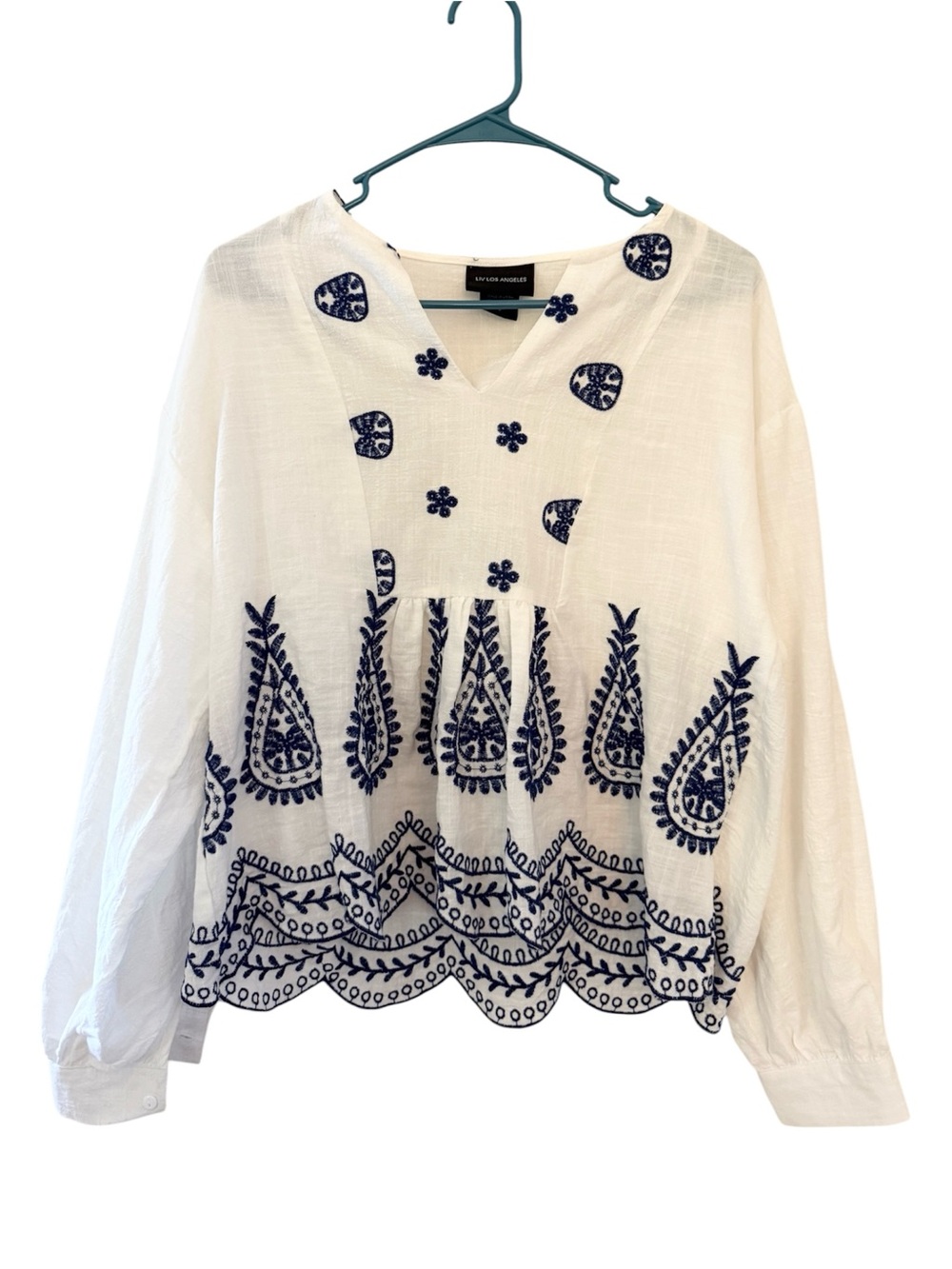 Liv Los Angeles White Cotton Embroidered Peasant Blouse